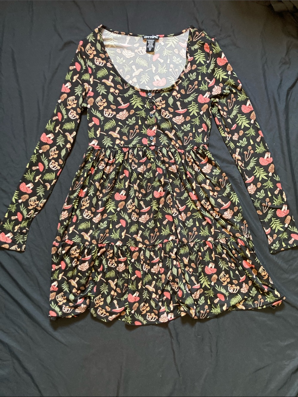 Hot Topic Woodland Mushroom Cottagecore Black Floral Long-Sleeve Dress Size Med